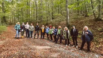 Group of people stand on a forest trail in autumn.
