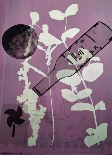 Bottle and black ball on pink background with plants.
