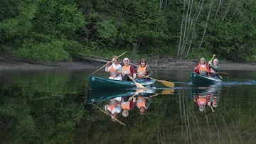 Kanoes fahren ruhig auf einem stillen See, umgeben von Bäumen.