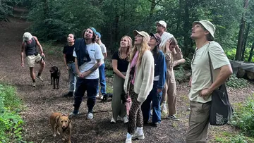 Group of people looking up in the forest.