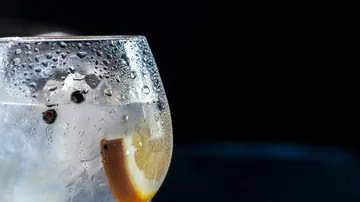 Water glass with lemon filled with ice and condensed water.