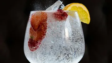 A glass of sparkling water, ice, raspberries and lemon.