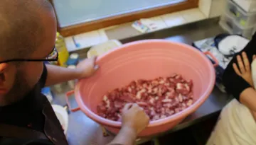 Large bowl of finely cut meat; person stir in it.