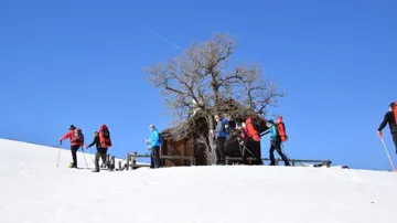 Skifahrer wandern zur Hütte über den schneebedeckten Hang.
