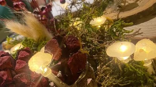 Deko-Elemente leuchten zwischen getrockneten Blumen und Moos.