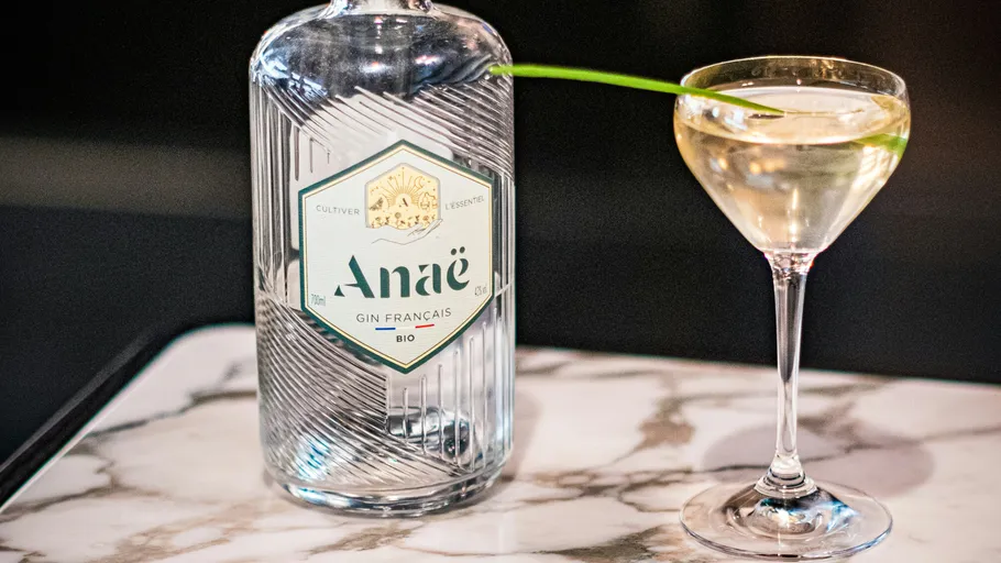 Bottle of gin next to cocktail glass on marble plate.