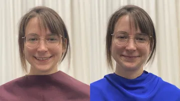 Woman wearing glasses smiles in different tops.
