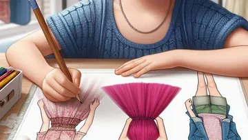 A boy draws clothing designs on paper.