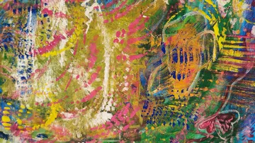 Bunte Farben und abstrakte Formen auf Leinwand sichtbar.