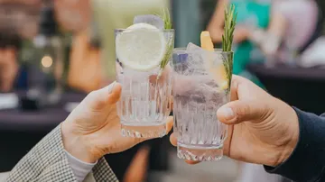 Two glasses of drinks are held to toast.
