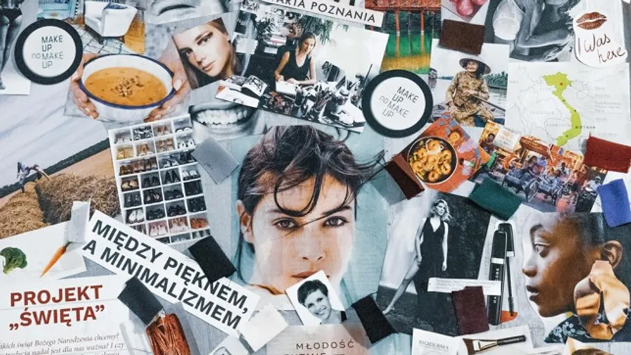 Collage of images, texts and various materials on surface.