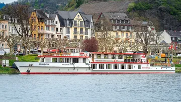 Ein Schiff liegt am Ufer, umgeben von Häusern und Bäumen.