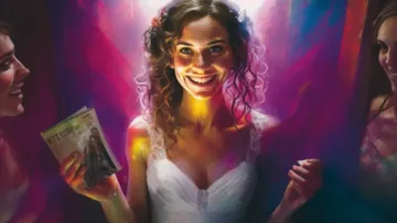 Young woman smiling, holding magazine, surrounded by colorful lights.