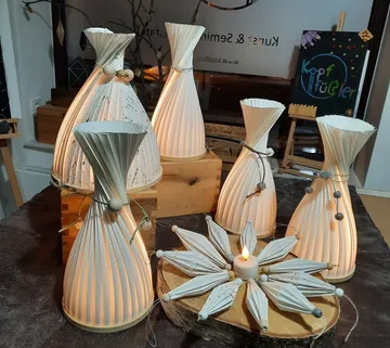 Bright lamps light up on a table in a room.