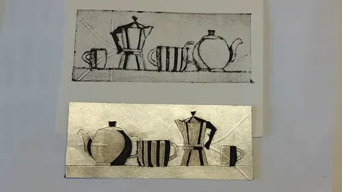Two coffee pots and cups on different backgrounds.