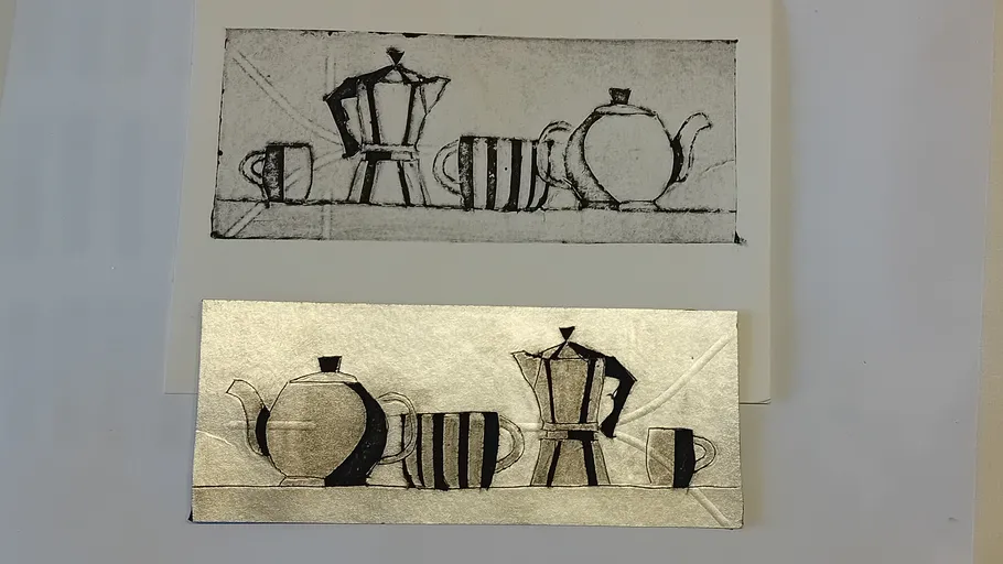 Two coffee pots and cups on different backgrounds.