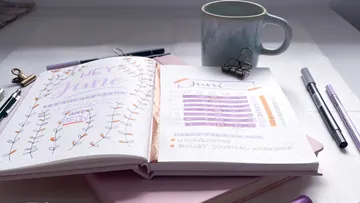 Öffnen Sie das Bullet Journal, die Kaffeetasse, die Stifte auf dem Schreibtisch.