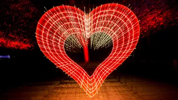 Red light heart glows against a dark background in the park.