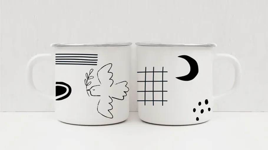 Two white mugs with minimalist designs.
