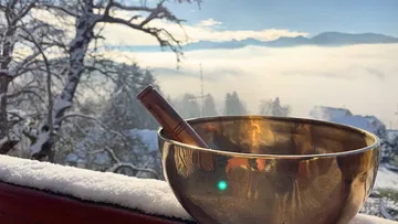 Bowl stands on a snowy railing with a view.