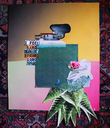 Work of art with a building, plants and text in a colorful context.