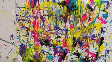 Colourful blobs of paint run across a white canvas.