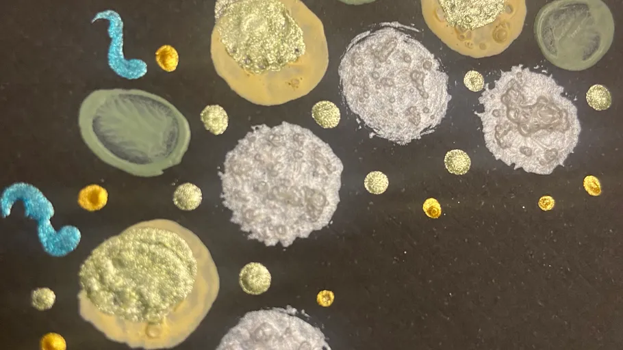 Colourful, circular patterns float on a black background.