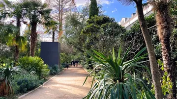 Green path with plants, people walking in the park.