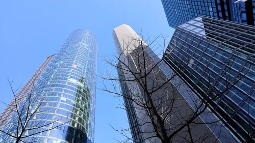 Hochhäuser ragen in den blauen Himmel über kahlen Bäumen.