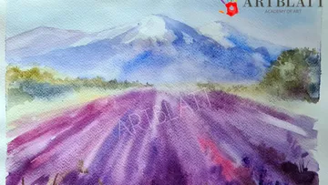 Purple flower field stretches under snow-capped mountains.