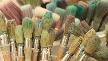 Pinsel in verschiedenen Farben und Längen stehen dicht beieinander.
