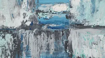 Abstract painting with shades of blue, grey and white.