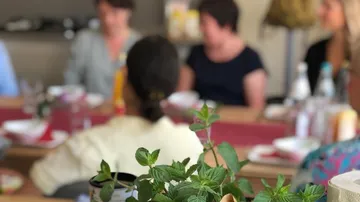 Plant in the foreground, people sitting at a table.