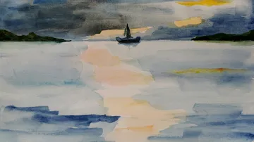 A boat sails across a calm, colorful water horizon.