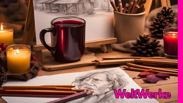Cup with drink stands next to drawings and candles.