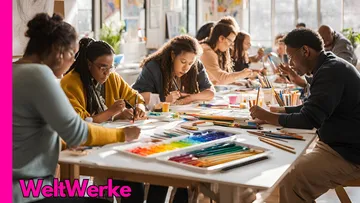 People draw and paint at a large table, surrounded by colors.