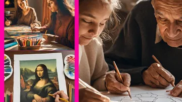 Artists paint and draw in a bright room.