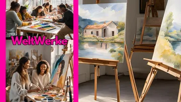 Participants paint on canvases in a bright room.