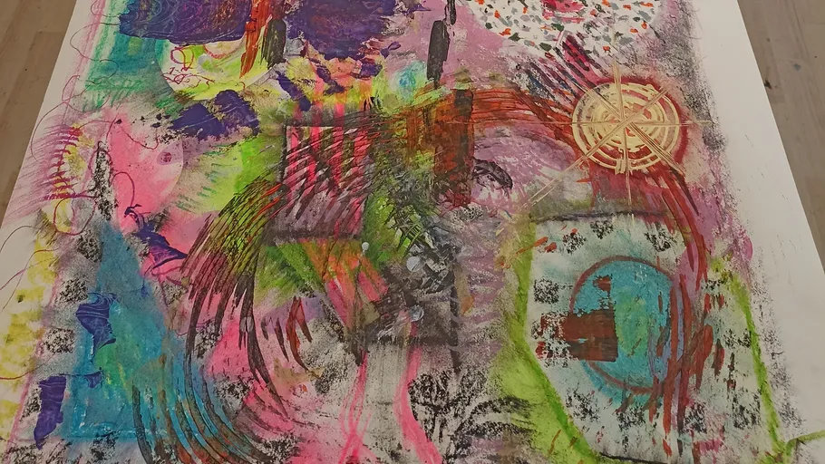Colorful abstract painting with vibrant patterns.