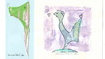 Two color drawings of imaginative, stylized animals.