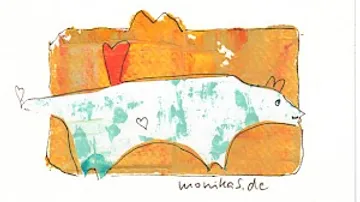 White animal with heart motifs on an orange background.