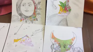 Various sketched figures with colorful collage elements.