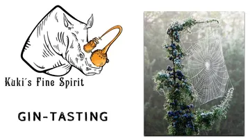 Gin tasting logo with a flower and spider web frame.