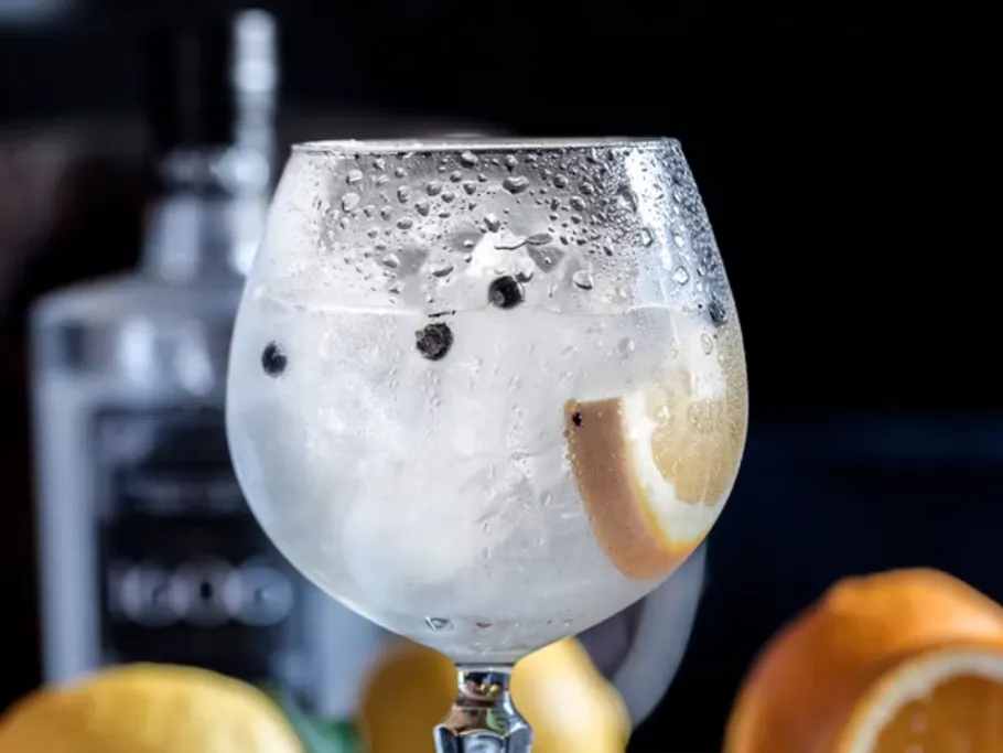 A glass with drink, ice cubes and lemon.