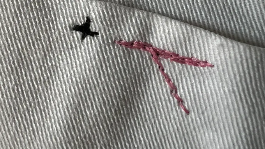 Weißer Stoff mit rosafarbener und schwarzer Stickerei.