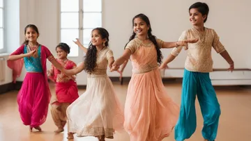 Five dancing girls in colorful clothes in the room.