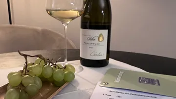 Weißwein und Trauben auf einem Tisch, entspanntes Ambiente.