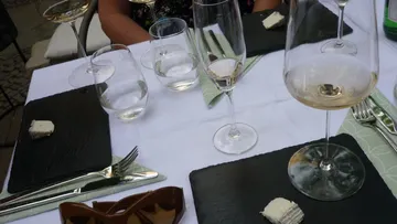 Tisch mit Käse, Wein und Sonnenbrille im Freien.