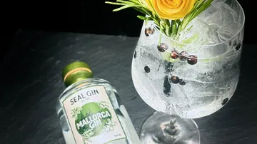 Gin-Mandel-Glas mit Eis, Moringablüte und Flasche.