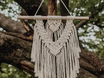 Macrame wall hanging from an outdoor tree branch.